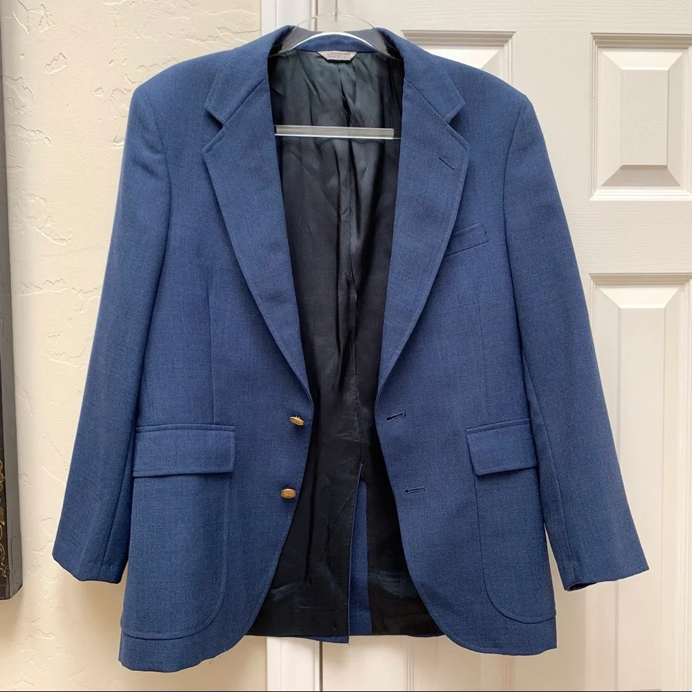 Vintage 70s 80s Dusty Blue Blazer Gold Buttons Retro Mad Men Grandpacore 38S